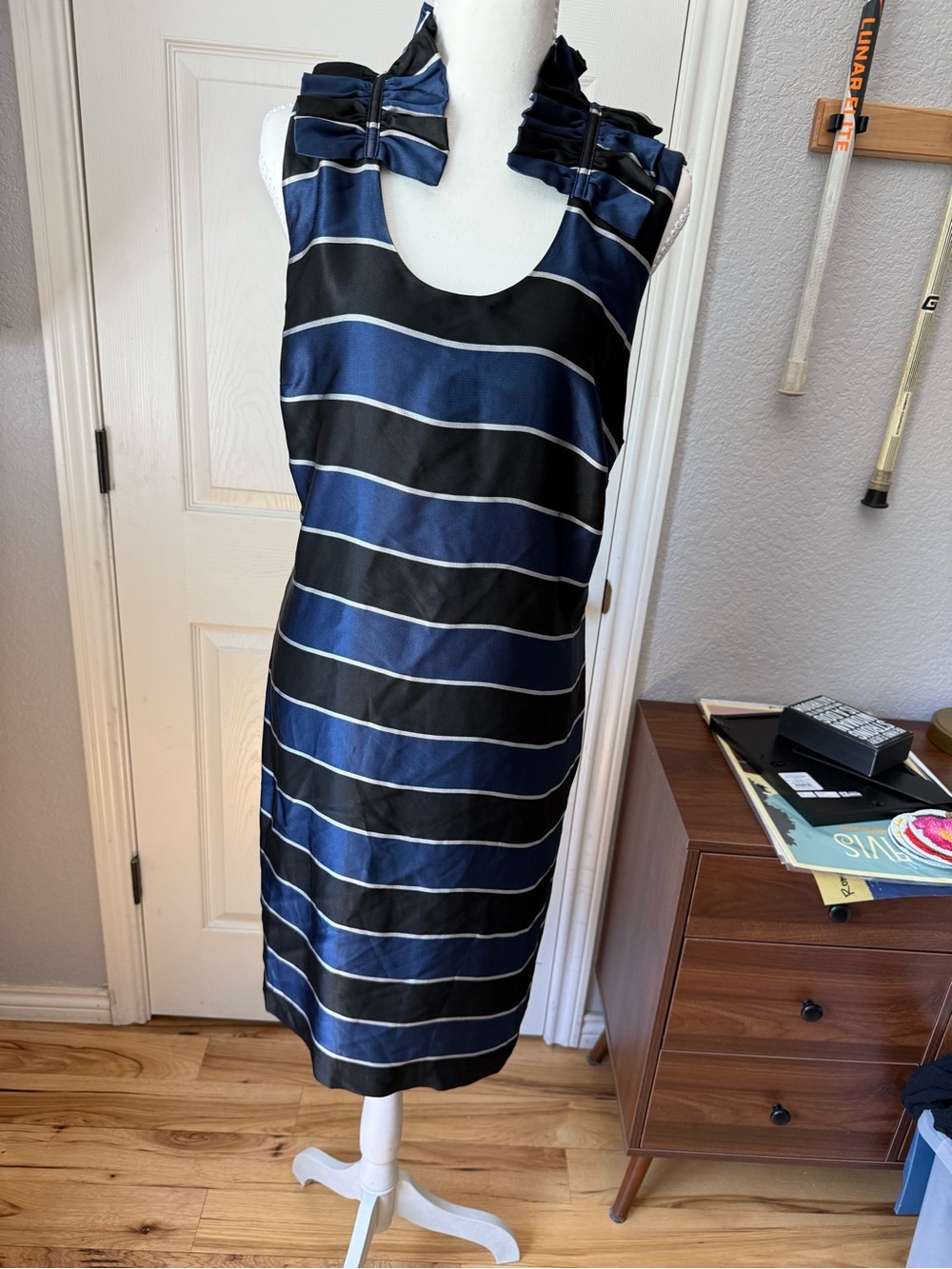 Banana Republic Navy and Black Striped Midi Dress with Bow Shoulders